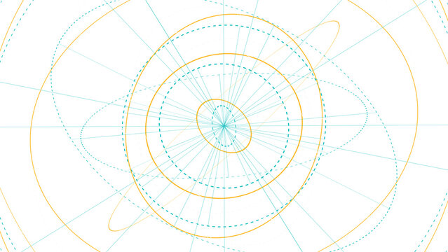 Abstract geometric composition with teal and orange intersecting circular lines on a dark black space