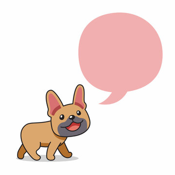 Cute French bulldog puppy walking with blank speech bubble cartoon vector illustration