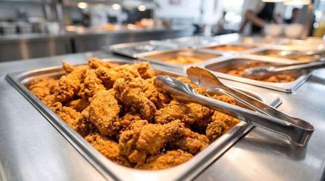 Golden crispy fried chicken pieces in a stainless steel buffet tray with serving tongs at a self-service restaurant for catering and food service industry concept.