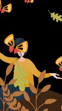 Animation of illustration of flying butterflies and leaves over woman sitting on brown globe