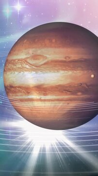 Animation of brown planet in smoky green and violet space