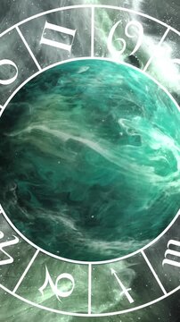 Animation of green planet and zodiac in black space with smoke