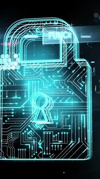 Animation of data processing with padlock icon over light spots on black background