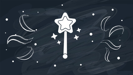 Chalkboard with magic wand and decorative sketch elements.