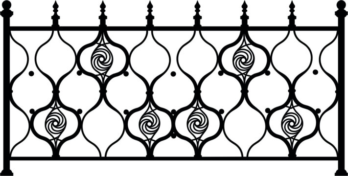 Decorative wrought iron fence vector, ornamental metal railing pattern with swirl design