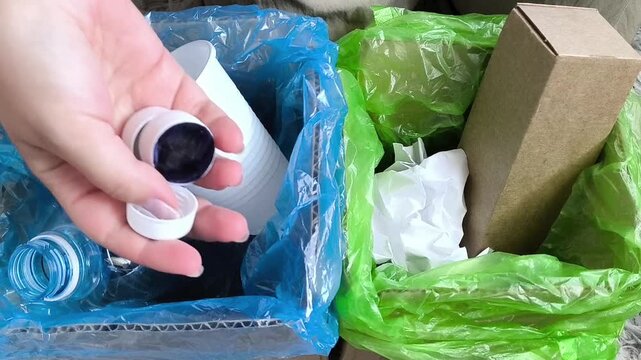 Woman putting plastic bottle caps into recycling container at home, plastic waste sorting, recycling and sustainable living concept.