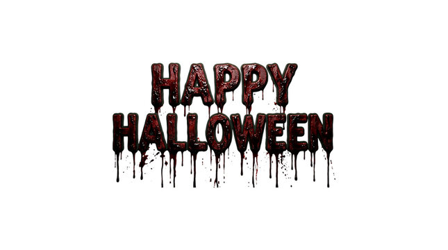 Creepy happy halloween text with dripping blood effect isolated on transparent background