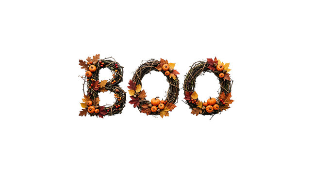 Autumnal boo typography made of leaves and pumpkins isolated on transparent background