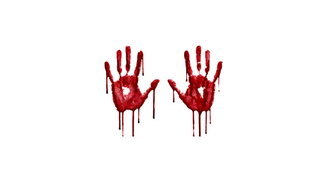 Two realistic red handprints with dripping blood isolated on transparent background