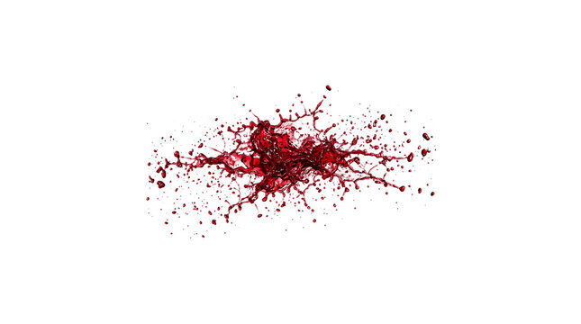 Dynamic red splatter burst with scattered droplets and fragments isolated on transparent background