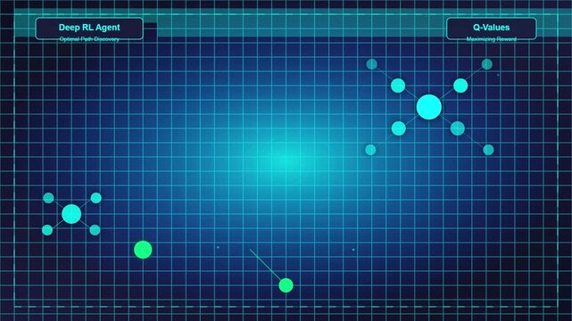 Abstract Digital Grid with Glowing Nodes and Deep RL Agent Visualization