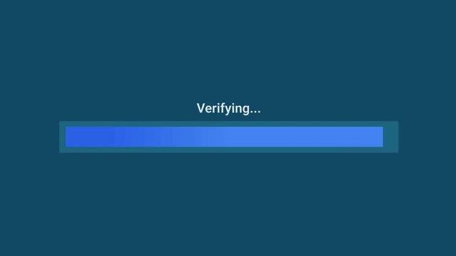 Animated motion graphics showing a blue progress bar labeled "Verifying..." filling up over a dark blue background. Represents an active file integrity check, security verification