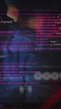 Animation of data processing over integrated circuit and caucasian male hacker