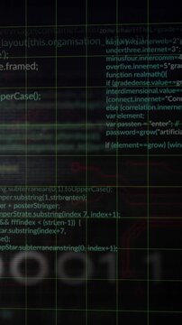 Animation of data processing over binary code and caucasian male hacker