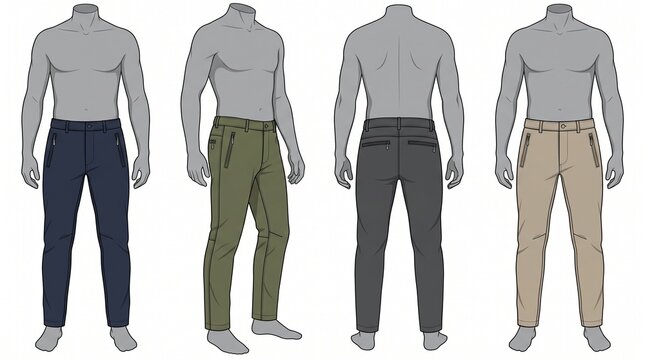 Men wearing casual chinos and cargo pants in various colors on mannequin display for fashion catalog with trousers