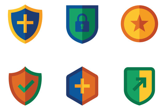 A collection of colorful flat vector shield icons representing security protection safety trust and digital defense concepts for web design and mobile application user interfaces