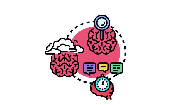 Three brains visualizing various aspects of idea generation, including searching for new concepts, formulating thoughts, and working under time pressure to develop solutions