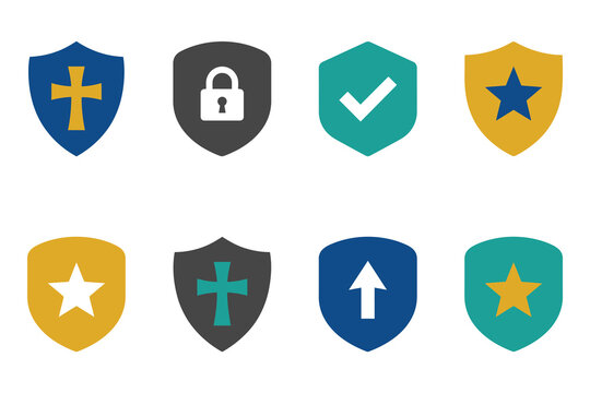 A collection of eight colorful shield icons featuring various symbols like locks stars crosses and arrows designed for cybersecurity web interface and digital protection concepts