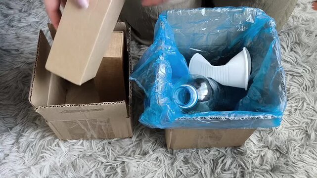 Woman putting paper and cardboard boxes into recycling container at home, waste sorting, recycling and environmental protection concept.