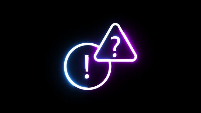 Neon exclamation mark and question symbol glowing in dark background for digital interface.