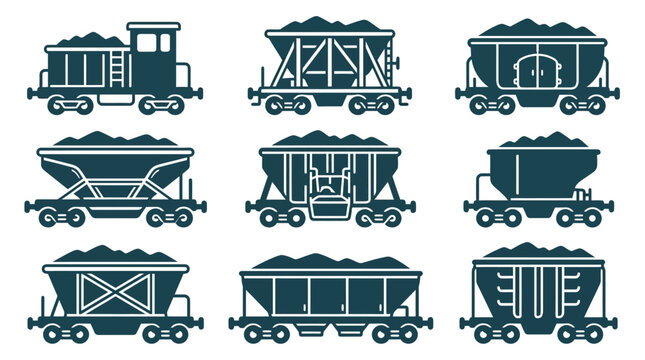 Industrial freight train hopper cars and cargo wagon icons for logistics.
