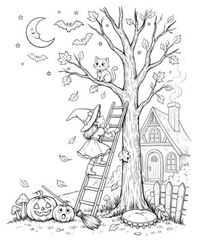 Detailed black and white coloring page of a witch on a ladder trimming tree branches next to a haunted house with pumpkins and crescent moon, jack o lantern