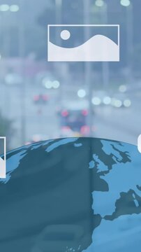 Animation of data processing and globe over cityscape