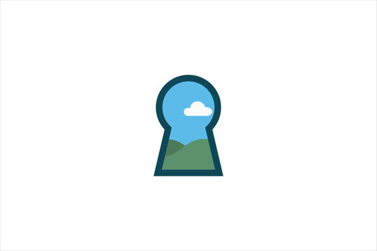 Keyhole icon showing sky and green landscape inside. Conceptual vector illustration for discovery, vision, opportunity, and new perspective.