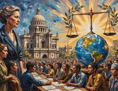 Artistic depiction of women, children, and a globe with scales in front of a historic building with a colorful sky background