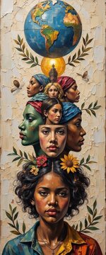 Diverse Women Portraits with Global and Cultural Elements in Artistic Collage