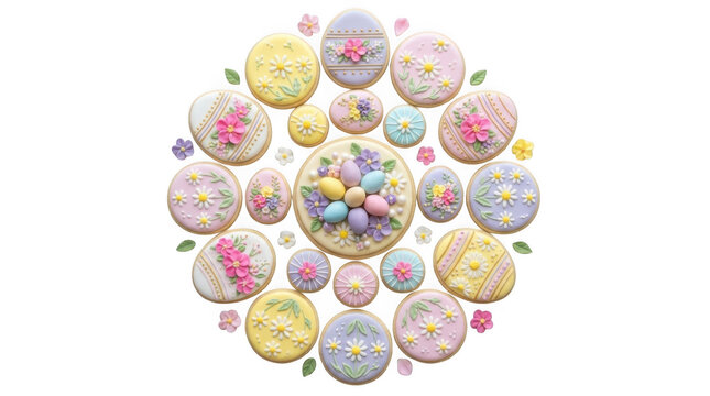 Easter cookies decorated with pastel icing and sugar flowers in a circular flat lay pattern