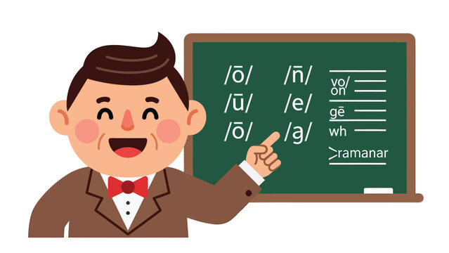 Teacher pointing at phonetic symbols on a blackboard, explaining pronunciation and language.