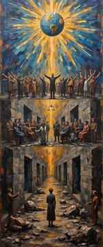 Inspirational Religious Artwork Depicting Earth Radiance and Worship Scenes