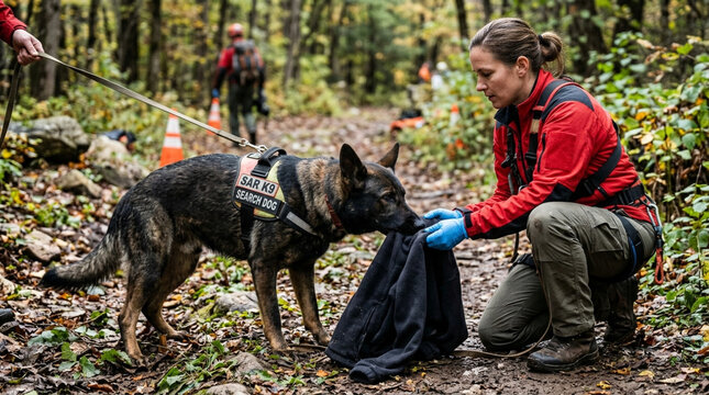 Search and Rescue K9 Team: Professional Handler with German Shepherd Scenting Evidence in Autumn Forest