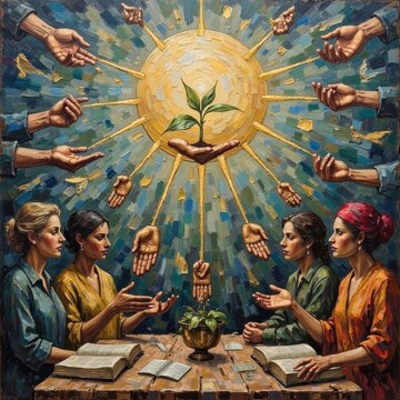 Inspirational Artwork Depicting Unity and Growth with Diverse Women and Hands in Radiant Environment