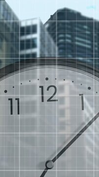 Animation of financial data processing over clock ticking and city