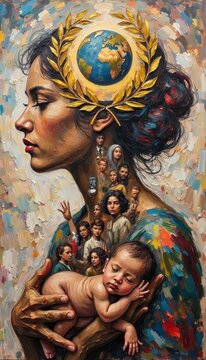 Empowered Woman with Globe and Diverse Children Artwork Showing Unity and Hope