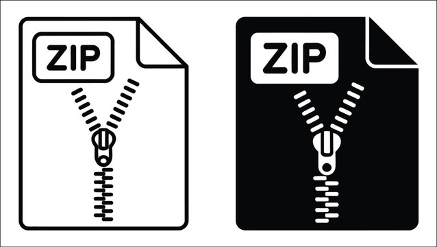 ZIP file document icons collection, zipper symbols in outline and solid black styles, data compression, digital storage, archived files, document management, software interface, vector illustration