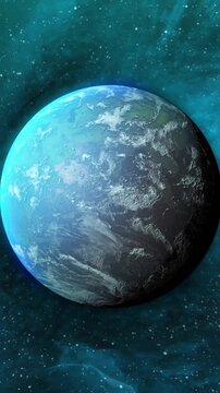Animation of colourful shapes over planet on sky with stars