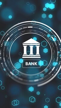 Animation of bank icon with scope scanning over glowing spots of light on black background