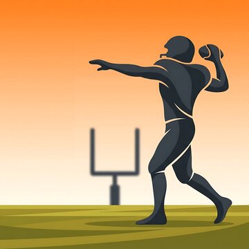 Football player throwing ball on field at sunset