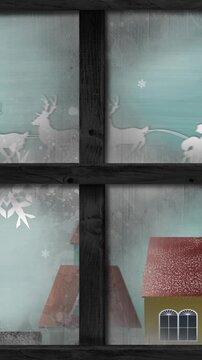 Animation of white silhouette on santa claus in sleigh being pulled by reindeer with winter scenery