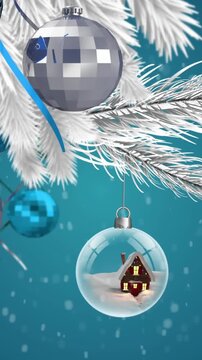 Animation of christmas baubles hanging from christmas tree with snow falling on blue background