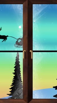 Animation of black silhouette on santa claus in sleigh being pulled by reindeer with winter scenery