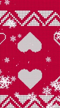 Digital animation of snow flakes falling over red christmas traditional pattern