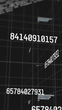 Digital animation of multiple changing numbers against data processing on black background