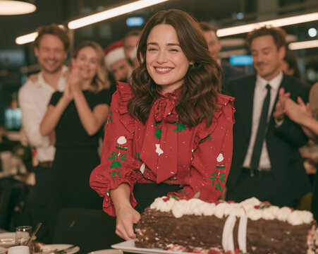 Smiling young woman cutting traditional Yule log Christmas cake at office holiday party
