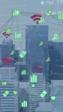 Animation of connected technological icons over a cityscape