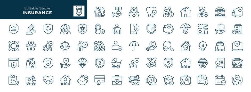 Insurance outline icons. Medical, transport and bank insurance. Life, health, property, home and car accident insurance. Line icon in linear style. Vector collection	