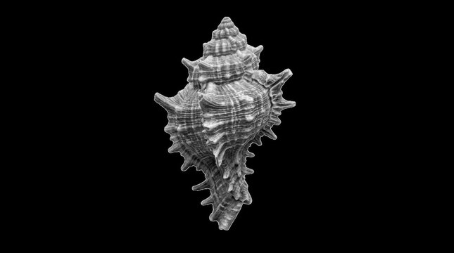 Spiky seashell isolated on black background, detailed marine conch specimen for design.